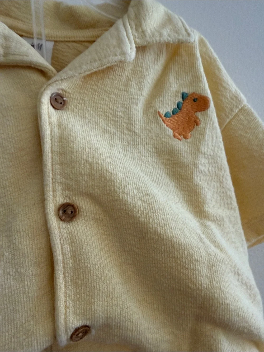 H&M Pale Yellow Terry Two-Piece Set with Orange Dino Patch